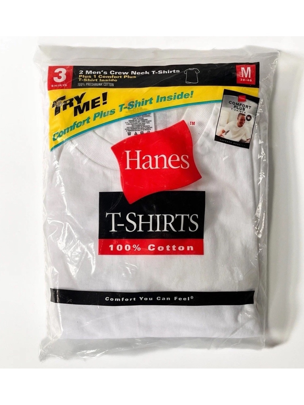 VTG NOS Size M HANES 3 Pack 100% Cotton T-Shirts Undershirts White Crew Neck